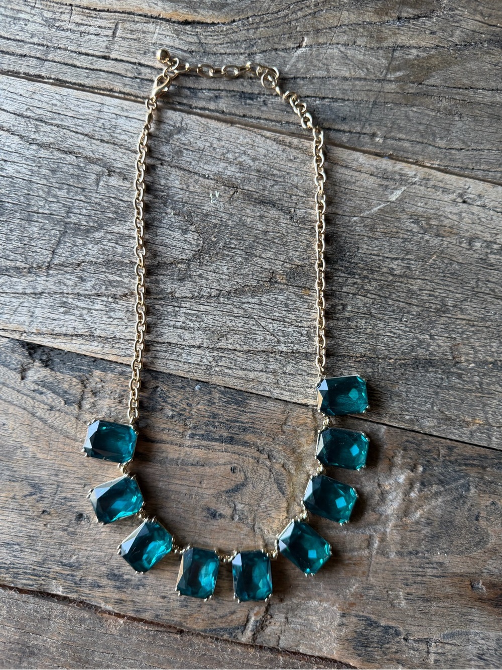 Gold Necklace with Teal Rectangular Gemstones